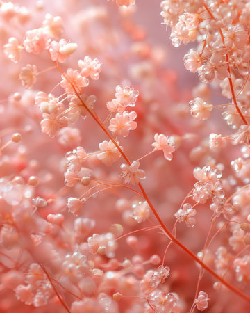 Stunning Close up of Delicate Pink Flower Blossoms with Dewdrops Sparkling in Sunlight Nature&#39;s Beauty Captured in Macro Photography Soft and Dreamy Floral Bokeh Background AI Generativeの素材