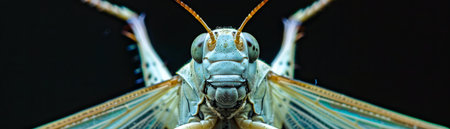 Close up Macro Shot of a Grasshopper&#39;s Face against Black Background, Highlighting Intricate Details, Antennae, Compound Eyes, and Delicate Features in High Resolution AI Generativeの素材