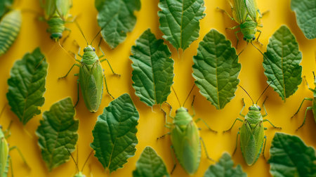 Close up View of Green Grasshoppers and Leaves on a Bright Yellow Background Nature and Insects Pattern AI Generativeの素材