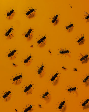 An Array of Ants on an Orange Background Illustrating Nature&#39;s Organization and Insect Life Patterns Close Up Shot of Black Ants in Natural Habitat AI Generativeの素材