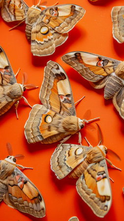 Vibrant Moths on Orange Background Nature Photograph Highlighting Details of Patterned Wings, Showing the Beauty and Diversity of Moth Species in Close Up AI Generativeの素材