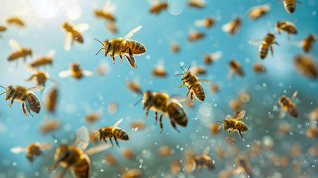 Swarm of Honeybees in Flight Against a Blue Sky Nature and Wildlife Photography of Pollinators in Action AI Generativeの素材