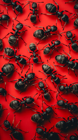Black Ants Organized on a Vibrant Red Surface Displaying Intriguing Patterns in Nature Macro Photography AI Generativeの素材