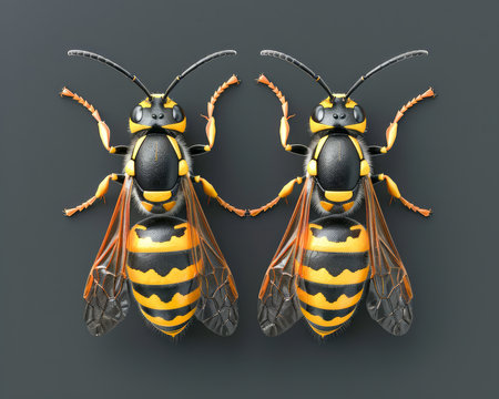 Two Realistic Yellow Jacket Wasps Detailed Close Up of Insect Anatomy on Dark Background with Natural Colors High Resolution Macro Photography AI Generativeの素材