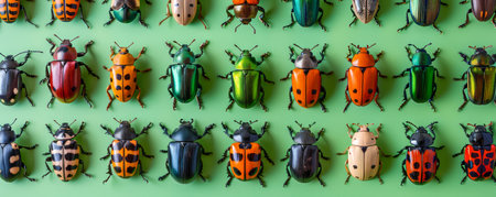 Stunning Collection of Colorful Beetles Organized in Rows on a Green Background Displaying Insect Diversity and Aesthetic Patterns AI Generativeの素材