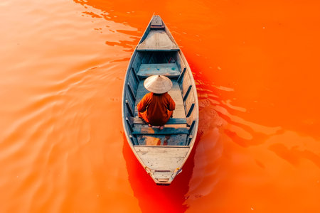 Lone Person in Traditional Hat paddling Wooden Rowboat on Vibrant Orange River Serene Scenic View and Tranquil Waterscape during Sunset, Cultural Adventure, and Idyllic Photography AI Generativeの素材