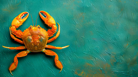 Vibrant Orange Crab on Textured Teal Background Seafood Art Inspired by Coastal Marine Life AI Generativeの素材