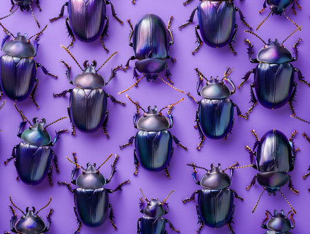 Stunning Iridescent Beetles on Vibrant Purple Background Beautifully Captured Close Up of Nature&#39;s Insects AI Generativeの素材