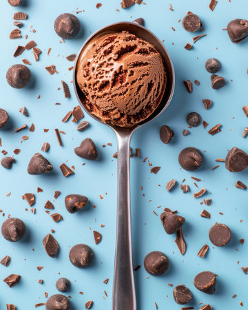 Scrumptious Chocolate Ice Cream Scoop with Chocolate Chips and Shavings on Light Blue Background Delectable Sweet Treats for Dessert Lovers AI Generativeの素材