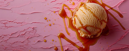 Delectable Scoop of Vanilla Ice Cream with Gooey Caramel Drizzle on a Vibrant Pink Background Tempting Dessert Close Up That Appeals to Sweet Lovers and Photography Enthusiasts AI Generativeの素材