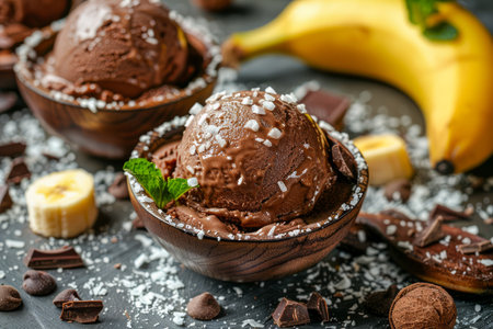 Delectable Chocolate Banana Ice Cream in Wooden Bowls Garnished with Mint and Coconut Flakes on a Rustic Table AI Generativeの素材