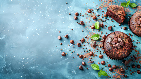 Decadent Chocolate Muffins on Blue Background with Mint Leaves and Cocoa Powder Delicious and Tempting Dessert, Sweet Treat for Chocolate Lovers AI Generativeの素材