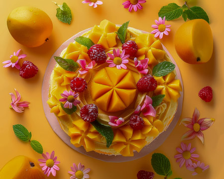 Delicious Mango Cake with Fresh Fruit Decoration, Raspberries, and Flowers on a Yellow Background for Summer Treats and Dessert Inspirations AI Generativeの素材