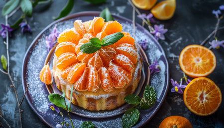 Vibrant Citrus infused Cake Topped with Freshly Peeled Orange Slices and Powdered Sugar, Surrounded by Halved Oranges and Purple Flowers on a Dark Background AI Generativeの素材
