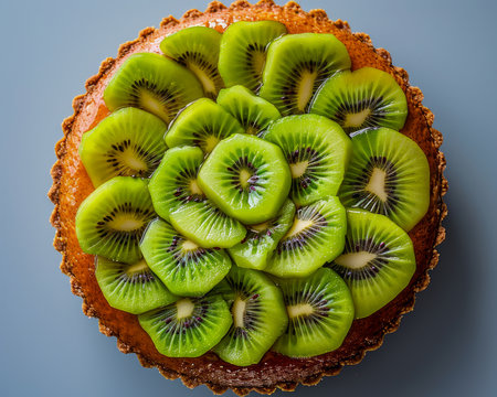 Delicious and Vibrant Kiwi Fruit Tart Mouthwatering Dessert with Fresh Kiwi Slices Perfect for Summer Parties and Refreshing Treats AI Generativeの素材