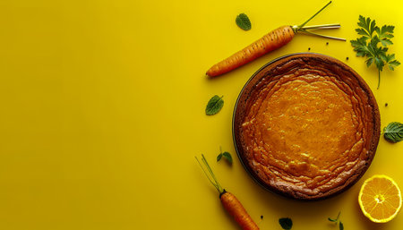 Delicious Homemade Carrot Cake with Fresh Herbs and Carrots on a Bright Yellow Background Perfect Dessert Idea for Any Occasion AI Generativeの素材