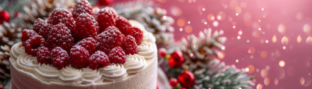 Elegant Holiday Cake with Fresh Raspberries and Seasonal Decorations Festive Dessert for Christmas Celebrations and Winter Parties AI Generativeの素材