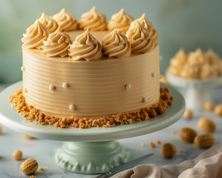 Delicious Caramel Buttercream Cake with Whipped Cream Toppings and Crumbled Cookie Base on a Decorative Cake Stand AI Generativeの素材
