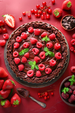 Decadent Chocolate Raspberry Tart with Fresh Mint and Berries on Red Background Luscious Dessert Photo Featuring Strawberries, Raspberries, and Dark Chocolate Chunks Perfect for Gourmet Food Blog, Recipe Inspiration, or Culinary Magazine AI Generativeの素材