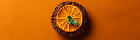 Deliciously Decadent Chocolate Tart with Fresh Orange Slices and Mint Garnish on a Vibrant Orange Background in a Rustic Tin Pan for a Perfect Dessert Presentation AI Generativeの素材