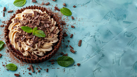 Delicious Chocolate Tart with Whipped Cream Topping and Fresh Mint Leaves on a Blue Rustic Background Perfect Dessert for Any Occasion AI Generativeの素材
