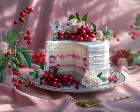 Delicious Layered Cream Cake with Fresh Berries and Floral Decoration on Elegant Plate Perfect for Celebrations, Weddings, Birthdays, and Special Occasions AI Generativeの素材