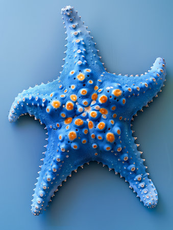 Vibrant Blue Starfish with Orange Spots Gracefully Displayed on a Marine Inspired Background AI Generativeの素材