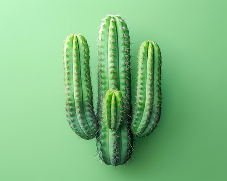 Stunning Close Up of Vibrant Green Cactus Against a Fresh Pastel Green Background, Capturing the Details and Textures of the Plant&#39;s Spines and Growth Structure, Perfect for Nature and Botanical Studies AI Generativeの素材