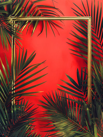 Vibrant Tropical Green Leaves with Golden Frame Against Red Background Botanical Art, Nature Photography, Tropical Decor, Modern Design, Bold Colors, Jungle Vibes, Lush Foliage, Exotic Plants AI Generativeの素材