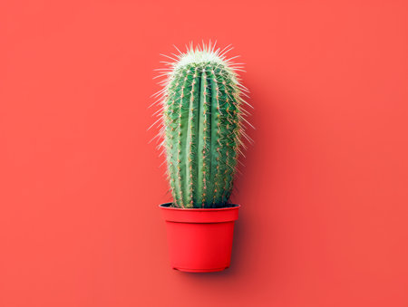 Vibrant Green Cactus in a Red Pot Against a Bold Red Background Minimalist Botanical Photography with a Pop of Color AI Generativeの素材