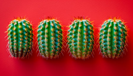 Vibrant Green Cacti on Red Background Stunning Succulent Arrangement Bold and Colorful Nature Photography Desert Plants Botanical Art Perfect for Home Decor and Interior Design Lovers AI Generativeの素材