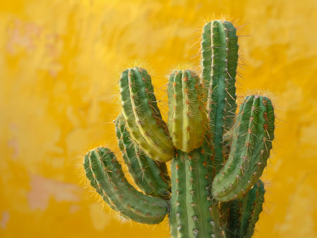 Vibrant Green Cactus Against a Sunny Yellow Wall A Stunning Desert Plant in Natural Light AI Generativeの素材