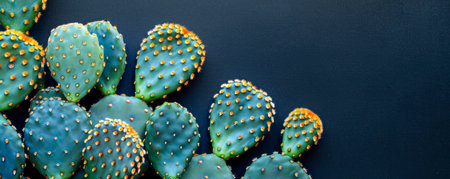 Vibrant Green Cactus Pads with Orange Spines against Dark Background Sharp Texture, Nature Detail, Botanical Beauty, Desert Plant Aesthetic, Contemporary Minimalism AI Generativeの素材
