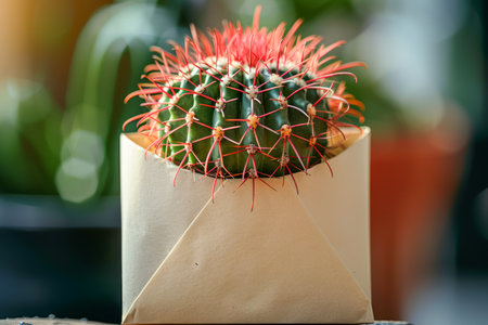 Beautiful Red Spined Cactus in Paper Envelope Unique Indoor Plant Display for Home Decor and Gifting Ideas Creative Botanical Arrangement with Succulent in Unconventional Packaging Nature&#39;s Art AI Generativeの素材