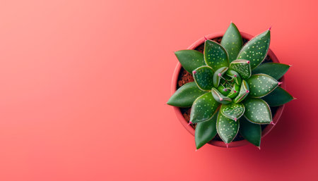 Vibrant Green Succulent Plant in a Red Pot on a Bold Coral Background Minimalistic Botanical Art for Modern Home Decor AI Generativeの素材
