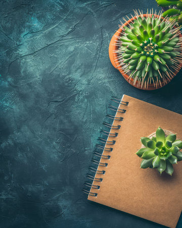 Top View of Succulent Plants and Notebook on Dark Rustic Surface for Inspirational and Creative Office and Home Decor AI Generativeの素材