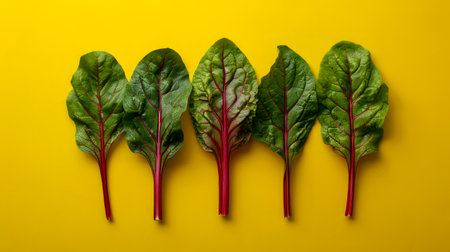 Fresh Colorful Swiss Chard Leaves on Yellow Background Healthy Greens Display Vibrant Vegetables AI Generativeの素材