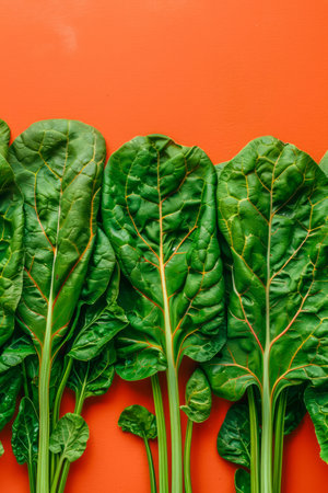 Fresh Green Swiss Chard Leaves in a Row on a Vibrant Orange Background Healthy Vegetarian Eating, Organic Freshness, Nutritious Leafy Greens, Colorful Kitchen Decor, Plant based Diet AI Generativeの素材