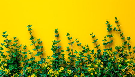 Lush Green Plants and Yellow Flowers Against a Vibrant Yellow Background for Nature Inspired Design and Decor AI Generativeの素材