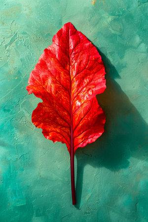 Vibrant Red Leaf on Green Textured Background Top View Minimalist Art Print for Home or Office Decor Nature Inspired Botanical Photography Bold and Colorful Wall Decor AI Generativeの素材