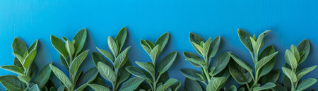 Fresh Green Leaves on Vibrant Blue Background Nature, Botanical, and Plant Photography, Perfect for Organic, Eco Friendly, and Wellness Themes in Various Designs, Illustrations, and Creative Projects AI Generativeの素材