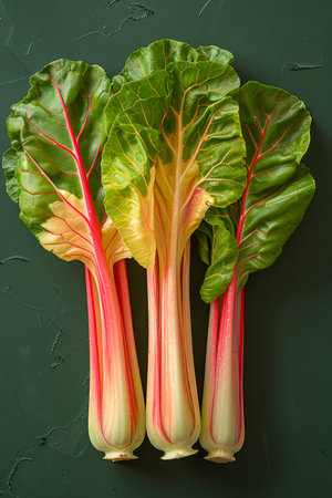 Fresh Colorful Rainbow Swiss Chard Stalks on Dark Green Surface Vibrant Vegetable Ingredients for Healthy Cooking and Nutritious Meals Organic Greens Rich in Vitamins and Minerals AI Generativeの素材