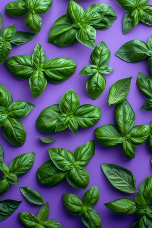 Fresh Green Basil Leaves Scattered on a Vibrant Purple Background Highlighting Patterns and Textures in Organic Culinary Herbs AI Generativeの素材