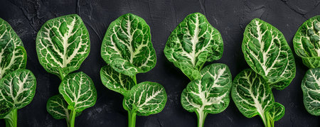 Fresh Green Spinach Leaves Texture On Dark Slate Background, Healthy Organic Vegetable, Natural Vegan Food, High Resolution Image For Diet And Nutrition, Raw Salad Ingredient, Farm To Table Concept AI Generativeの素材
