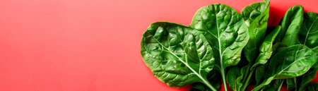 Fresh Green Spinach Leaves on Vibrant Red Background for Healthy Eating, Vegetables Photography, Nutrition, Organic Food, Vegetarian Cuisine, Color Contrast, Green Leafy Vegetables, Plant Based Diet AI Generativeの素材