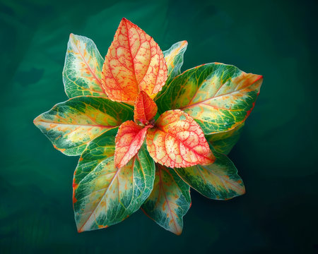 Stunning Close up of Vibrant Multicolored Plant Leaves with Unique Patterns Against a Dark Green Background Bright and Detailed Botanical Image Highlighting Nature&#39;s Beauty and Artistic Leaf Details AI Generativeの素材