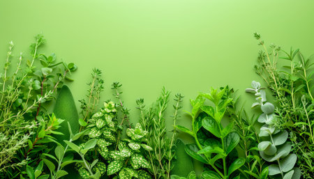 Lush Green Foliage of Various Herbs Against a Vibrant Green Background for Botanical and Natural Themed Projects AI Generativeの素材