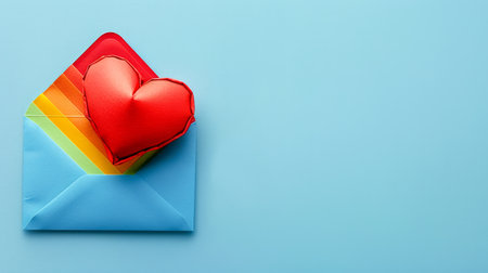 Vibrant Rainbow Envelope with Red Heart Symbol on Light Blue Background for Love, Romance, and Affection Celebration Concepts AI Generativeの素材