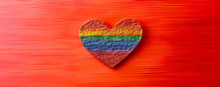 Colorful Wooden Heart Painted with Rainbow Stripes on Vibrant Red Background Depicts Love, Diversity, Inclusivity, and LGBTQ Pride AI Generativeの素材