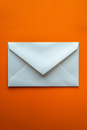 Minimalistic White Envelope on Vibrant Orange Background for Messaging, Invitations, and Correspondence Concept AI Generativeの素材